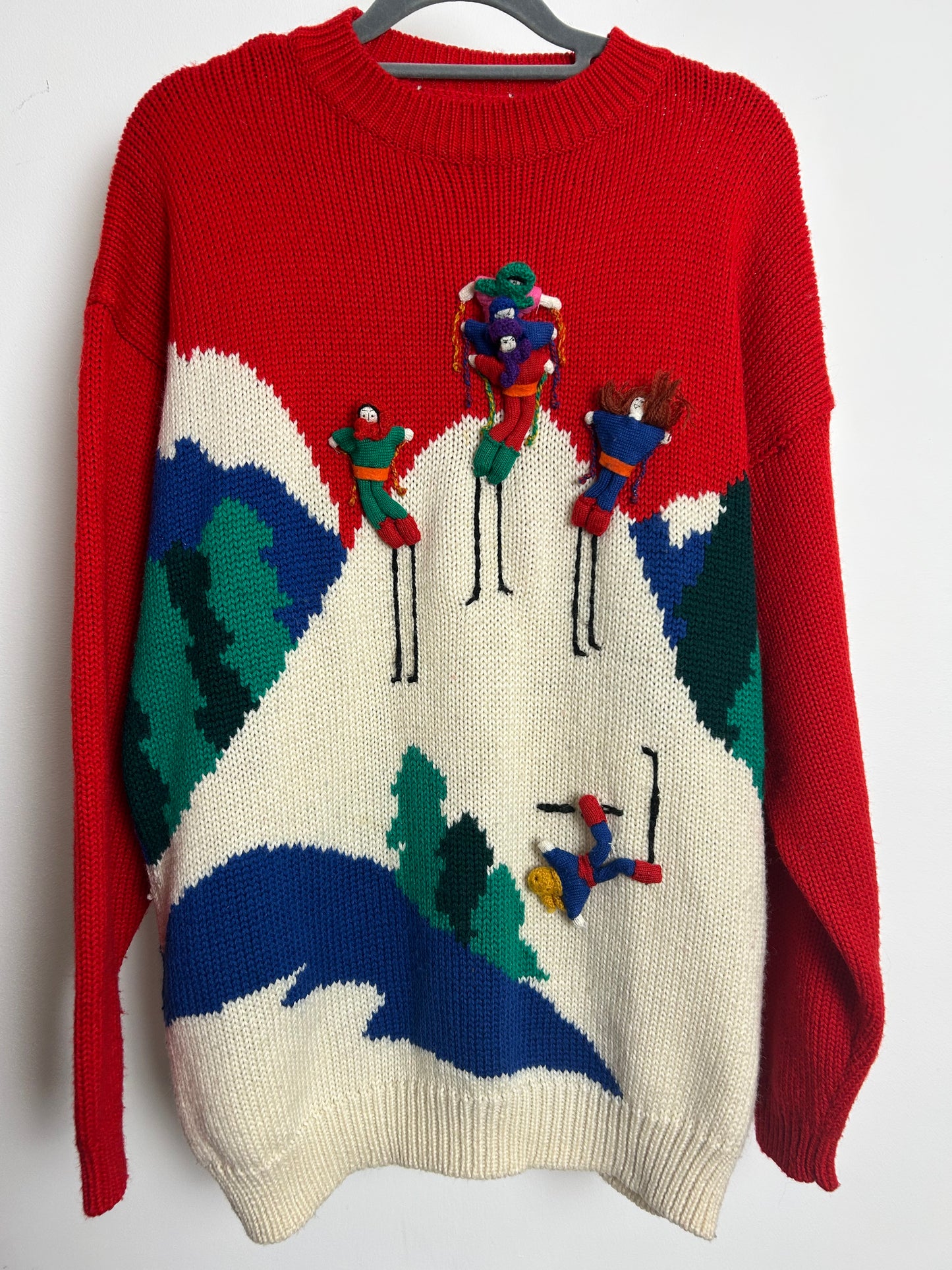 Vintage 1980s Up to Size 14 Super Cute Red & Cream Mountain Scene & 3D Skiing Jumper