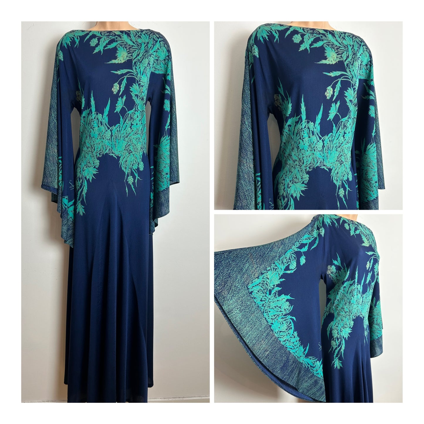 Vintage 1970s RARE PRINCESS RAYOUTI Made In Italy Size 12 Navy Blue & Green Tones Very Wide Sleeve Boho Maxi Dress