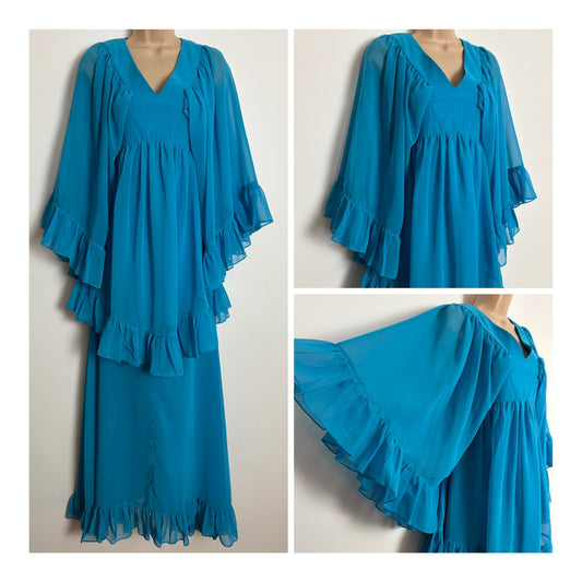 Vintage Late 1960s TINA WARREN UK Size 10-12 Sky Blue Cape Sleeve Layered Boho Maxi Dress