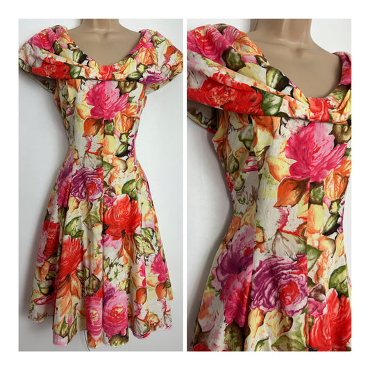 Vintage 1980s Size 10 Red Pink & Lemon Bold Floral Print Bardot Summer Prom Style Dress