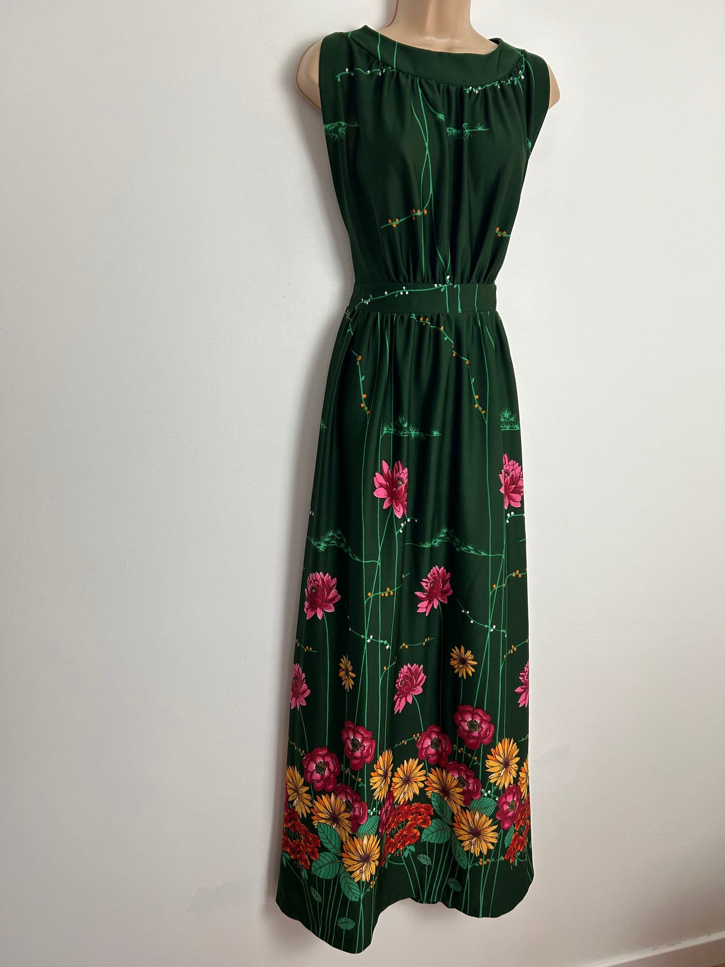Vintage 1970s UK Size 12 Dark Green Pink & Orange Floral Print Sleeveless Maxi Dress