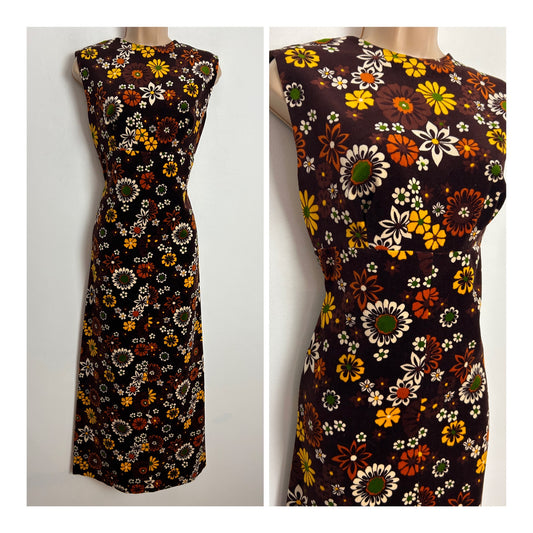 Vintage 1970s UK Size 12 Gorgeous Brown Yellow Rust & White Floral Print Velvet Maxi Dress