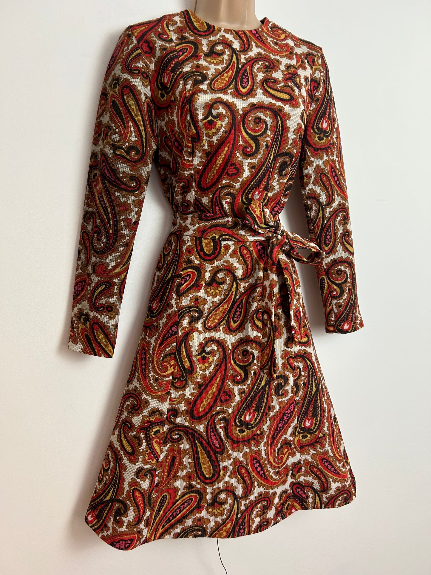 Vintage Late 1960s ST MICHAEL UK Size 10 Brown Red & Mustard Yellow Paisley Print Long Sleeve Belted Mod Dress