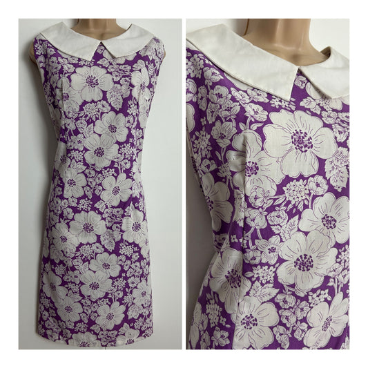 Vintage 1970s Size 14 DOROTHY PERKINS Size 14 Purple & White Floral Print Peter Pan Collar Cotton Mix Shift Dress