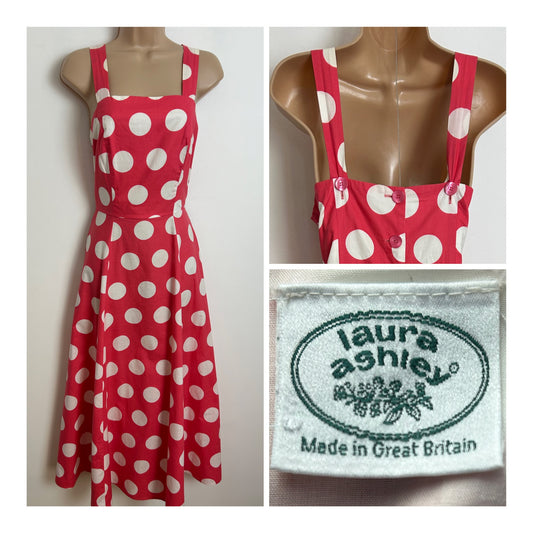 Vintage 1980s LAURA ASHLEY UK Size 10 (Size 14 On Label) Pinky Red & White Spot Polka Dot Print Summer Dress
