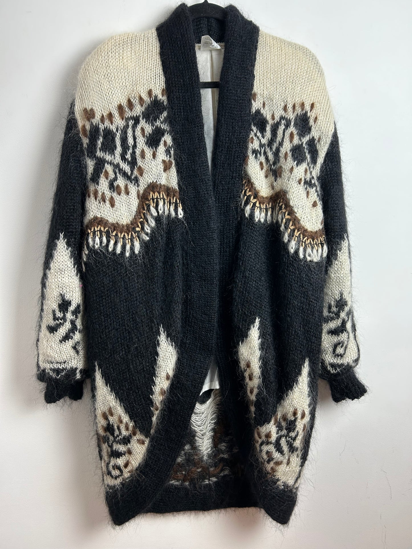 Vintage 1980s Oversize Slouchy Black Cream & Brown Mohair Mix Open Fronted Long Length Cardigan