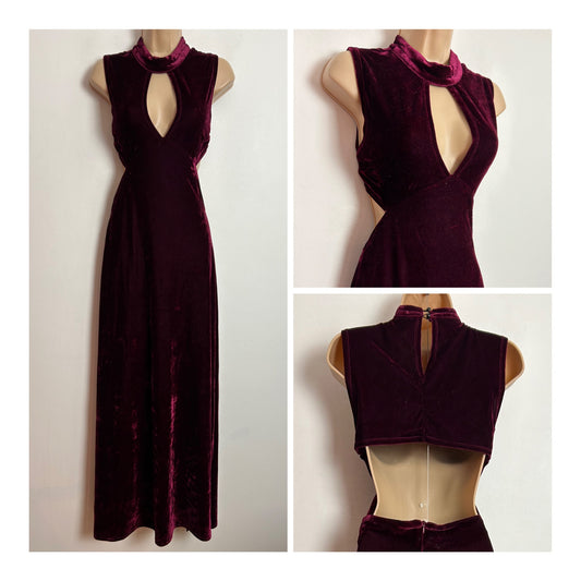 Vintage 1990s UK Size 8-10 Dark Red Maroon Sleeveless Keyhole Open Back Velour Maxi Party Dress