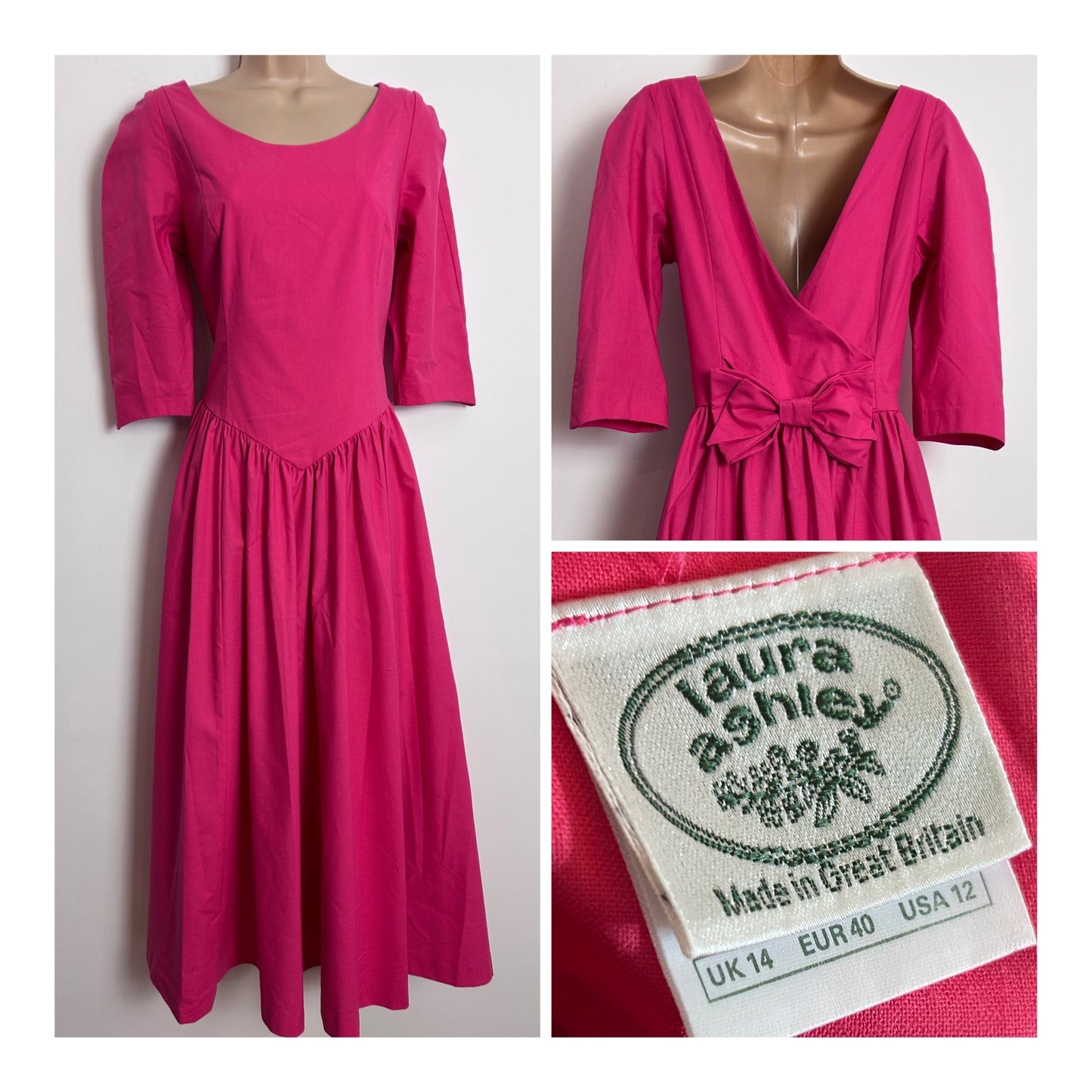 Vintage 1980s LAURA ASHLEY UK Size 12 (Size 14 On Label) Candy Pink Open Bow Back Detail Ballgown