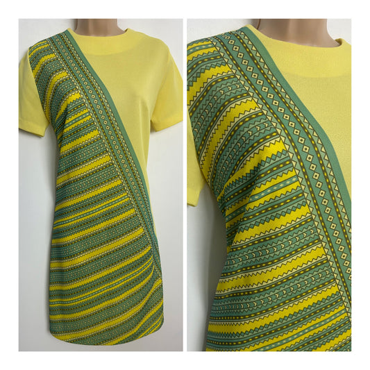 Vintage 1960s JAKKI LONDON Size 12 Yellow & Mint Green Abstract Stripe Print Short Sleeve Mod Shift Dress