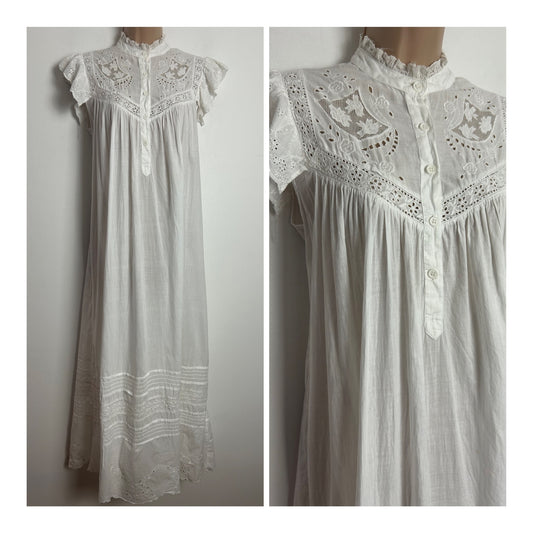 Modern Size S (8-10) White Indian Cotton Brodrie Anglais Detail Smock Style Nightdress Or Dress