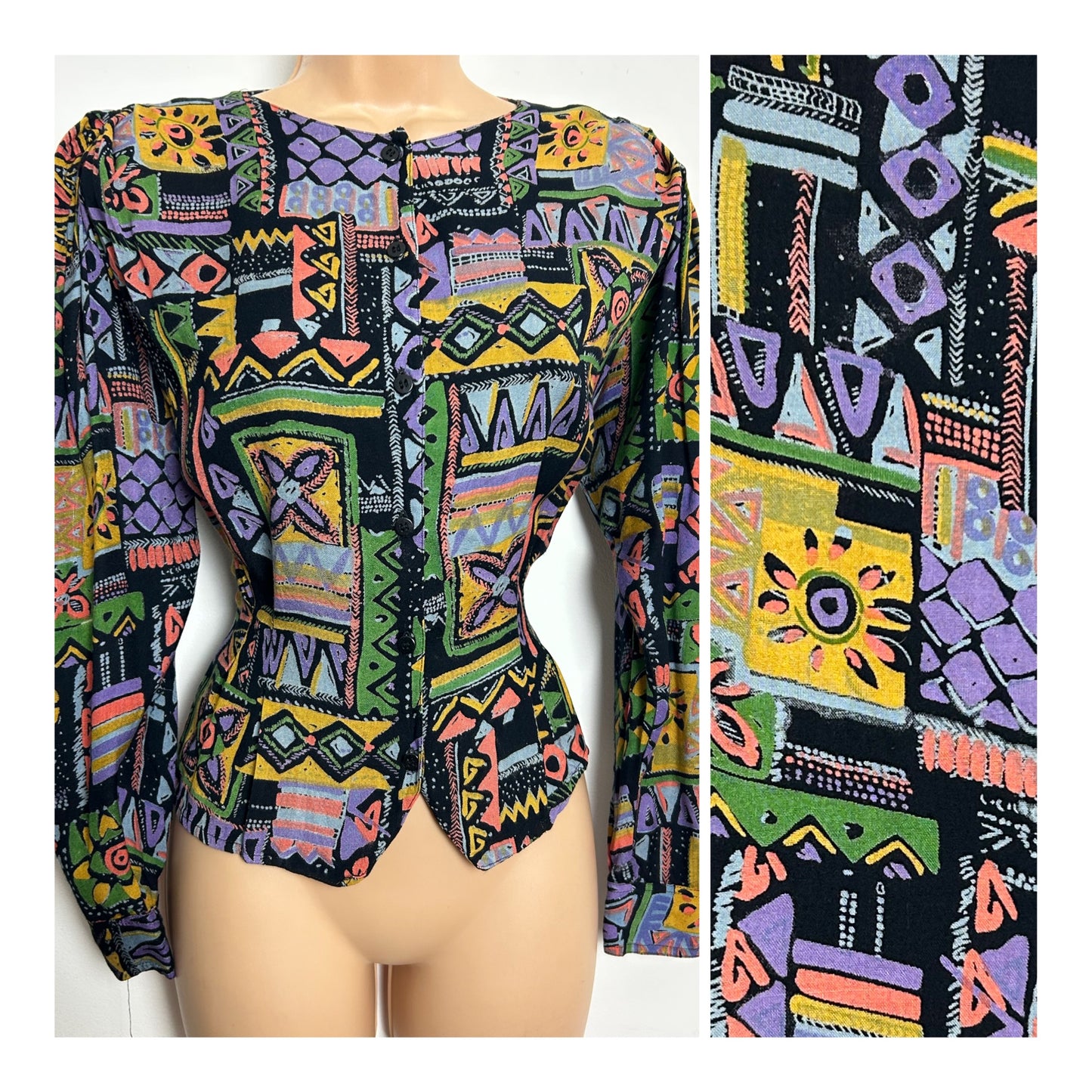 Vintage 1980s NEW FASHION Size 12 Black Multicolour Abstract Print Rayon Blouse