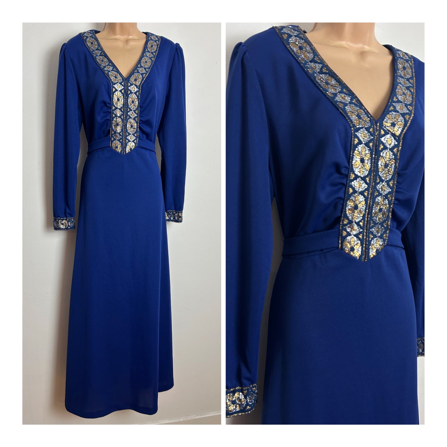 Vintage 1970s Size 16 Navy Blue Silver & Gold Braid Trim Long Sleeve Tie Back Evening Maxi Dress