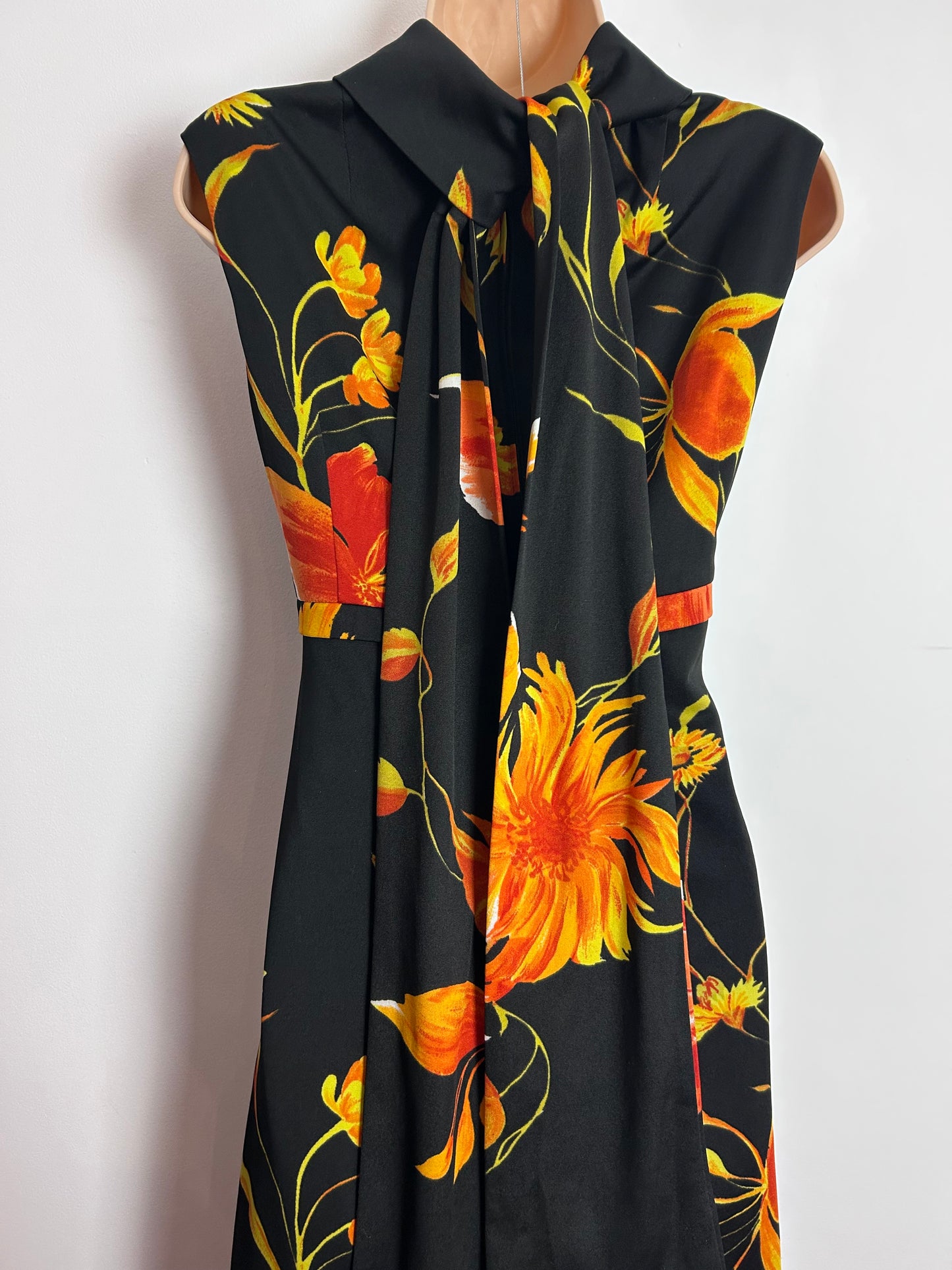 Vintage 1970s KIO UK Size 12 Gorgeous Black Orange & Yellow Tones Floral Print Scarf Back Occasion Maxi Dress