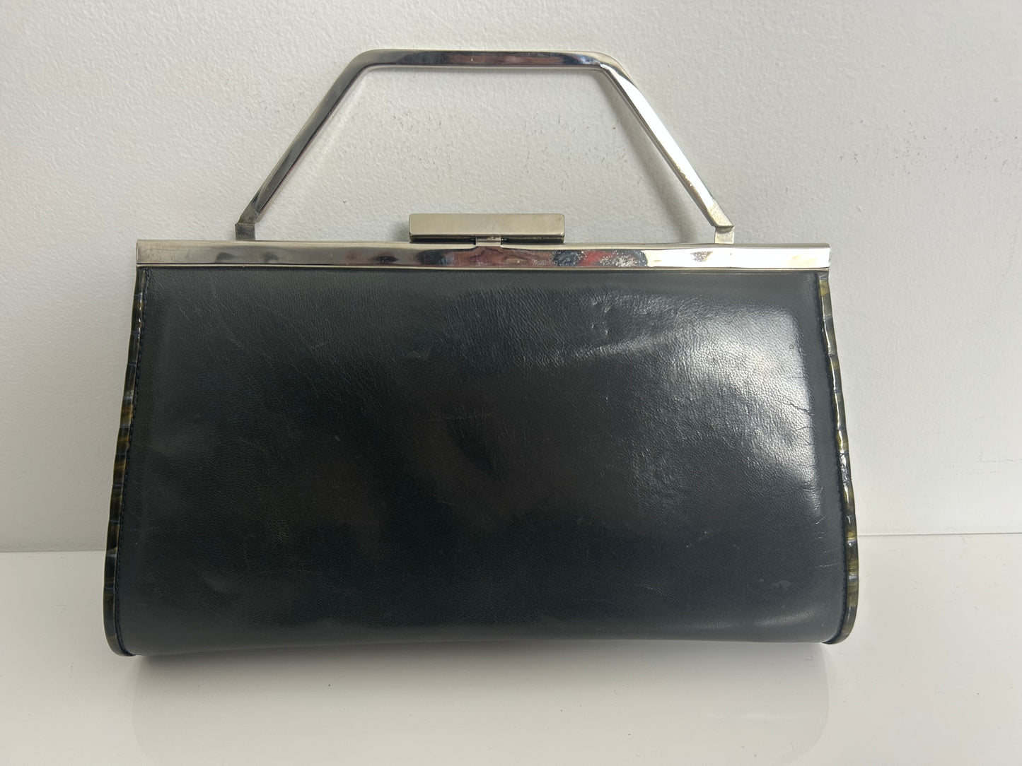 Vintage Early 1980s RENATA. Italy Grey & Dark Green Tones Mock Reptile Panel Clutch Or Shoulder Bag