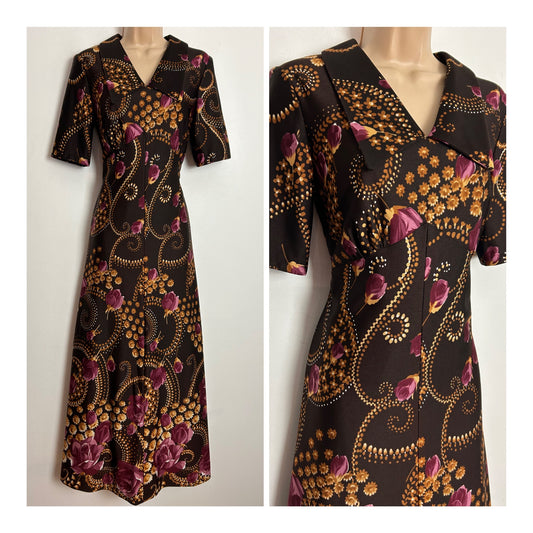 Vintage 1970s UK Size 10-12 Brown Sandy Beige & Purple Floral Print Short Sleeve Maxi Dress