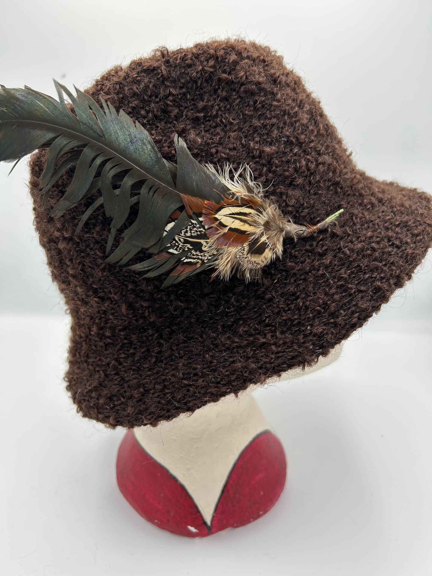 Vintage 1970s Chocolate Brown Boucle Wool Pheasant Feather Trilby Style Hat