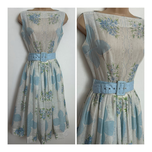 Vintage 1950s Size 6-8 White & Blue Floral Print Slash Neck Sleeveless Belted Pleated Summer Dress