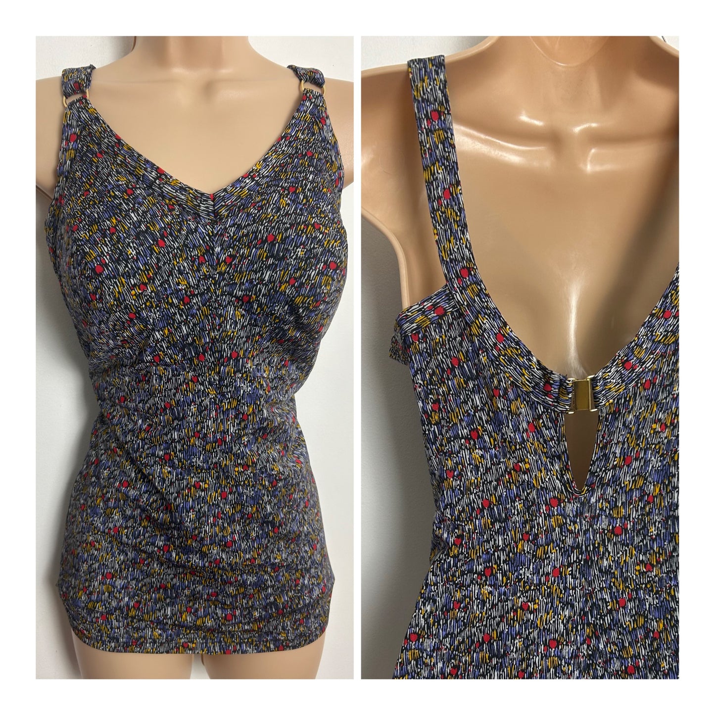 Vintage 1960s ANITA Size 14-16 Black Blue Red & Yellow Abstract Print Moulded Cup Skirted Swimsuit
