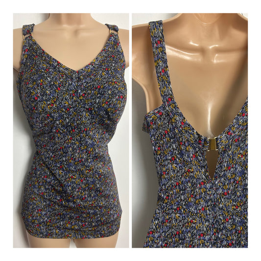Vintage 1960s ANITA Size 14-16 Black Blue Red & Yellow Abstract Print Moulded Cup Skirted Swimsuit