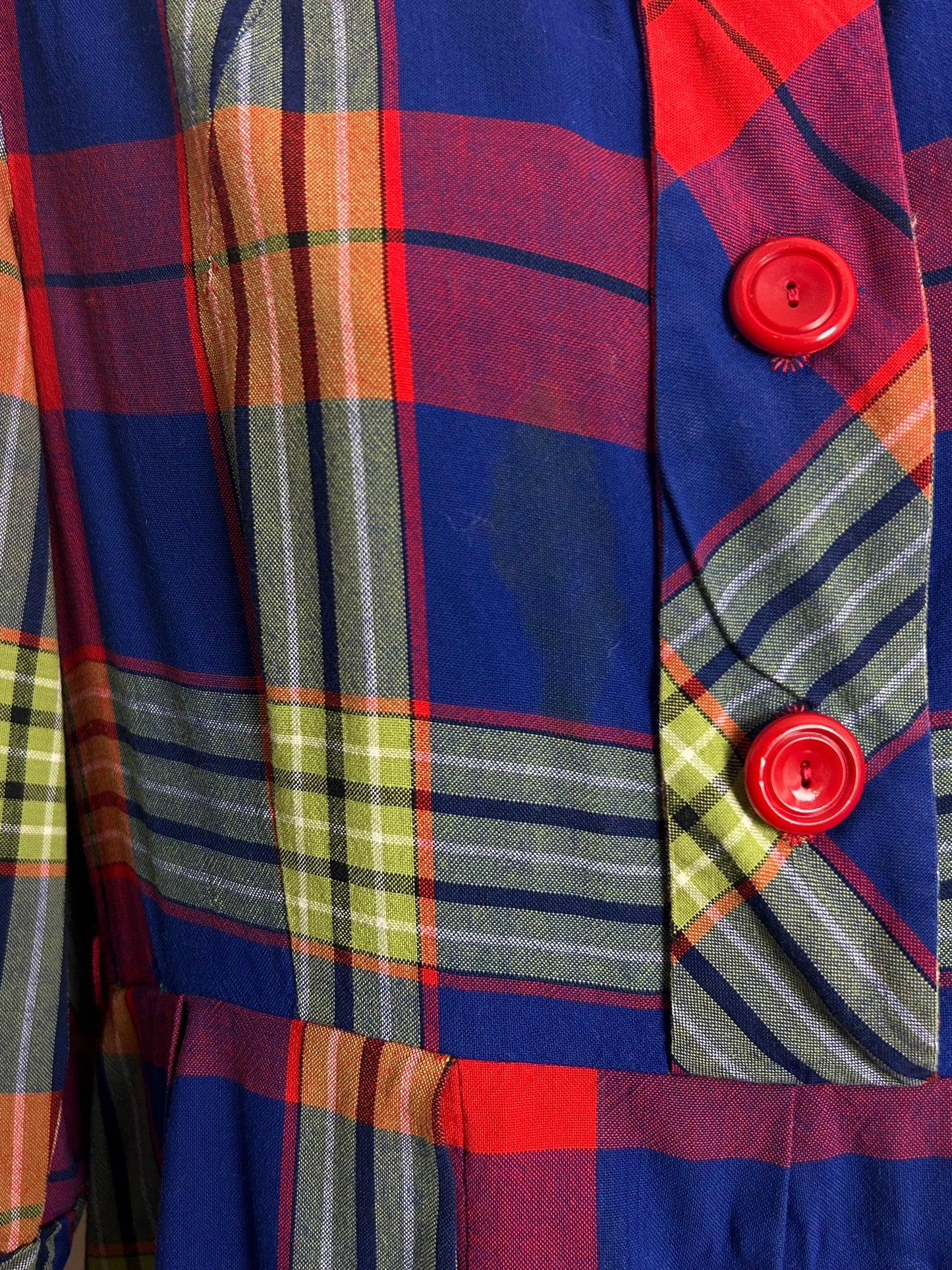 Vintage 1950s Size 10 Blue Red Pink & Green Check Print High Neck Pleated Cotton Day Dress