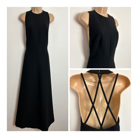 Vintage Early 1970s HASSO UK Size 10 Black Wool Mix Cage Back Occasion Evening Maxi Dress