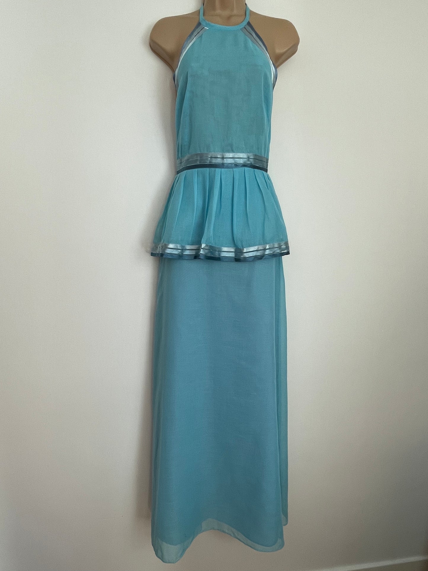 Vintage Late 1970s UK Size 6-8 After Six By Ronald Joyce Blue Halterneck Peplum Summer Boho Occasion Maxi Dress