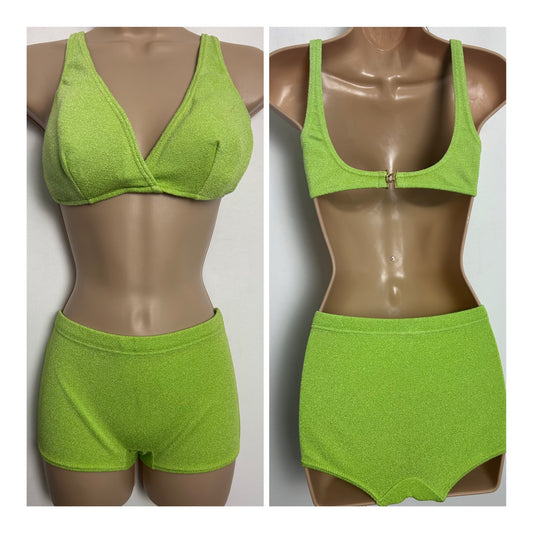 Vintage Late 1960s Size 12 Lime Green Two Piece Shorts Style Bikini