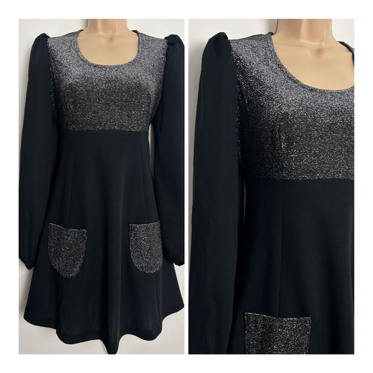 Vintage Early 1970s UK Size 10 Black & Silver Lurex Long Sleeve Pocket Detail Mini Dress