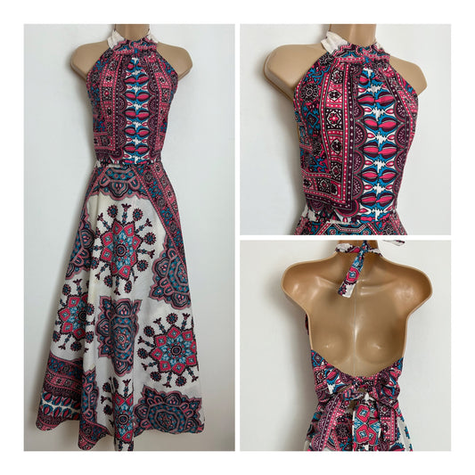 Vintage Size 8-10 Gorgeous White Pink Blue & Plum Purple Batik Print Two Piece Co-Ord Skirt Summer Set