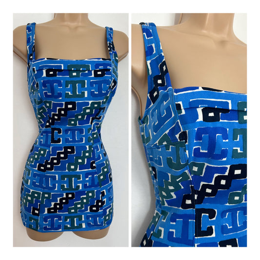 Vintage 1950s RARE MARTIN WHITE Approx UK Size 10 Blue Tones Abstract Print Skirted Swimsuit Bathing Costume
