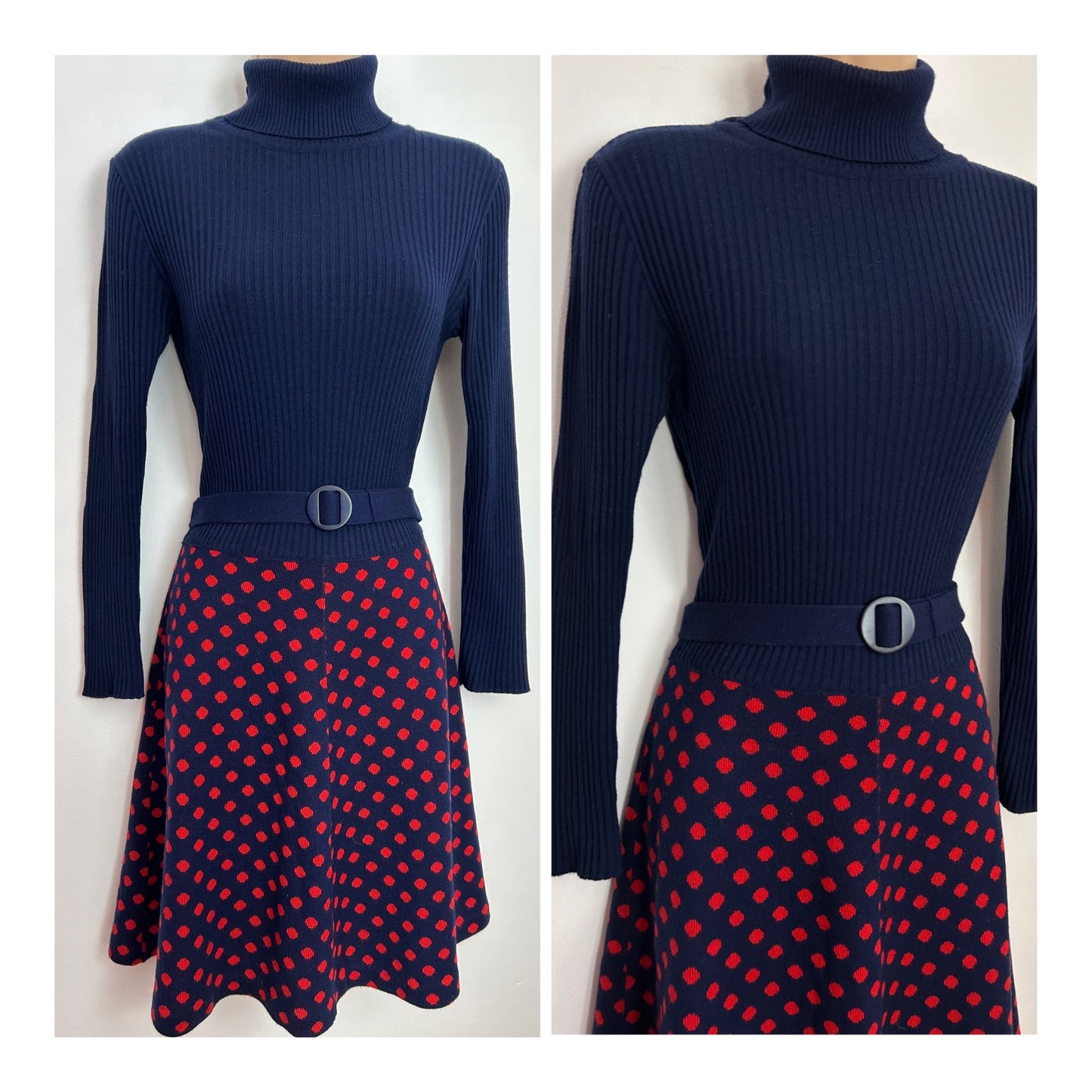 Vintage 1970s UK Size 10-12 Navy Blue & Red Ribbed Jersey Polka Dot Long Sleeve Belted Mod Dress