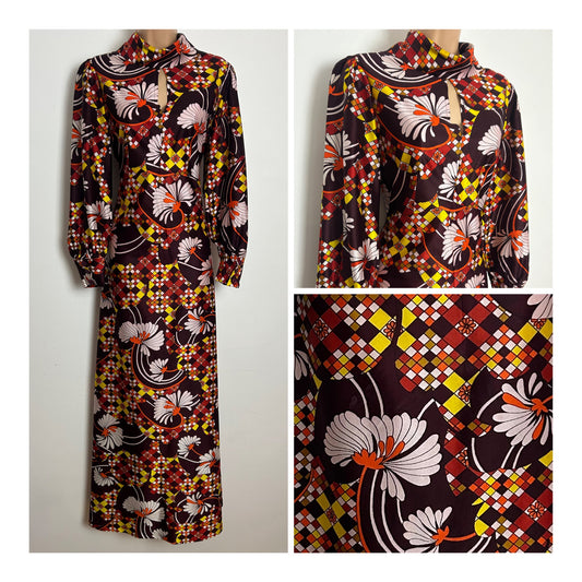 Vintage 1970s Size 12 Brown Orange Yellow & White Geo & Floral Print Keyhole Maxi Dress
