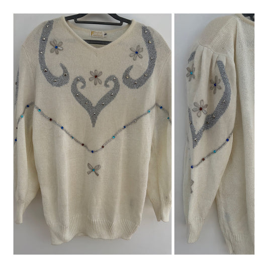 Vintage 1980s Up To Size 16 Cream Silver Flower Appliques Beaded Long Sleeve Angora Mix Jumper