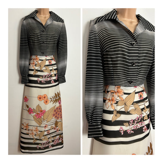 Vintage 1970s UK Size 10-12 Black White Beige & Pink Floral & Stripe Print Dagger Collar Long Sleeve Maxi Dress