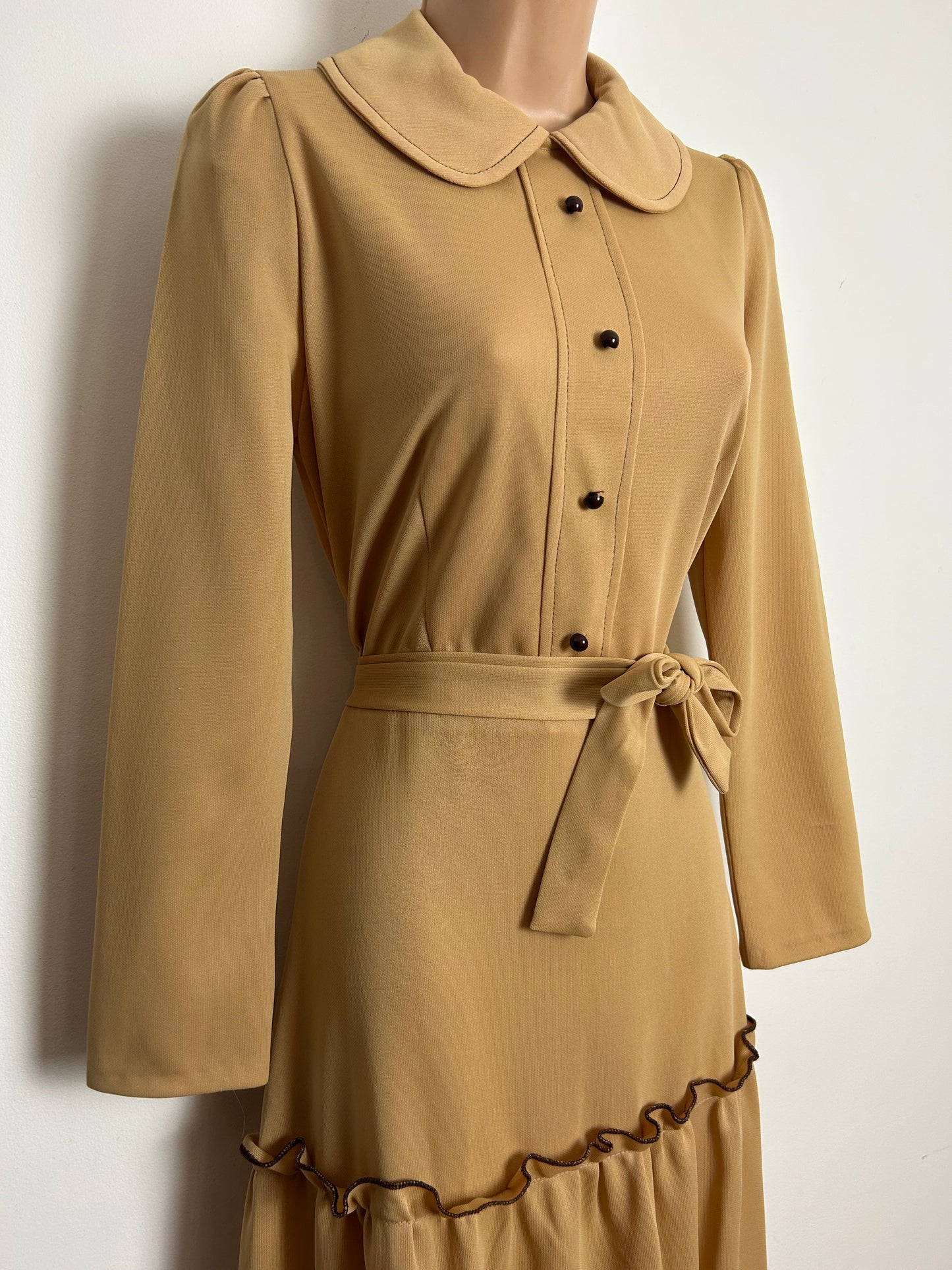 Vintage 1970s Size 10 Sandy Beige Crimplene Belted Tiered Long Sleeve Maxi Dress