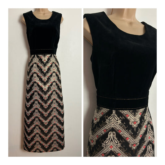 Vintage 1960s UK Size 12 Black Gold & Pink Velvet & Brocade Evening Occasion Maxi Dress