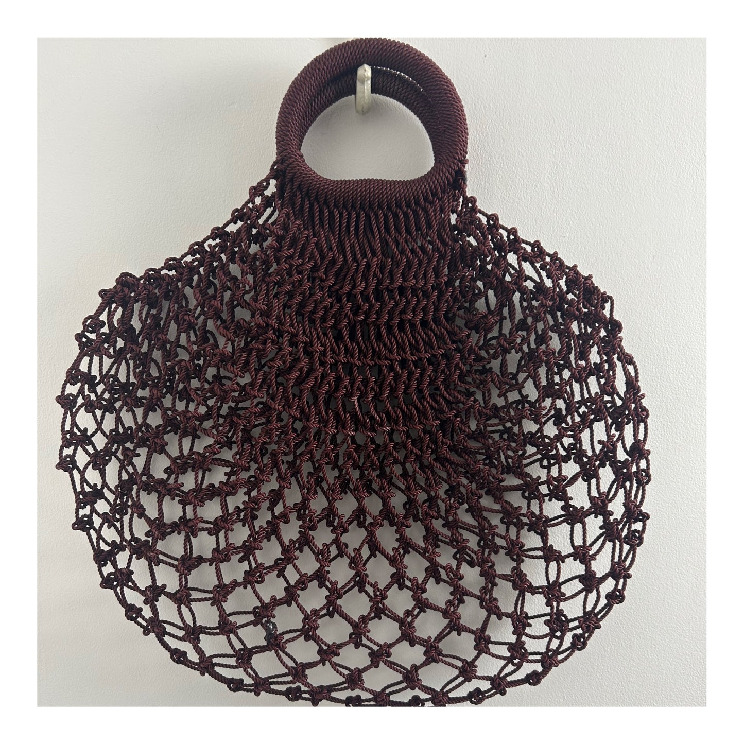 Vintage 1960s Dark Burgundy Macrame Knotted Style Plastic Handled Shopping Bag