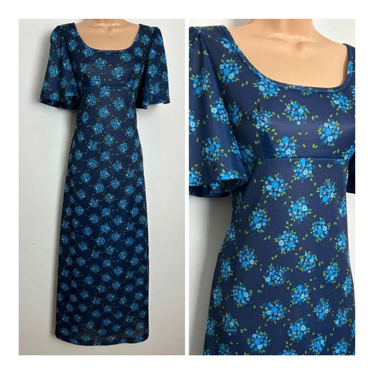 Vintage 1970s Size 8 Blue Tones Floral Print Short Sleeve Maxi Dress