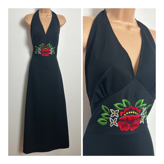 Vintage 1970s Size 8 Black Floral Embroidered Detail Halterneck Maxi Dress