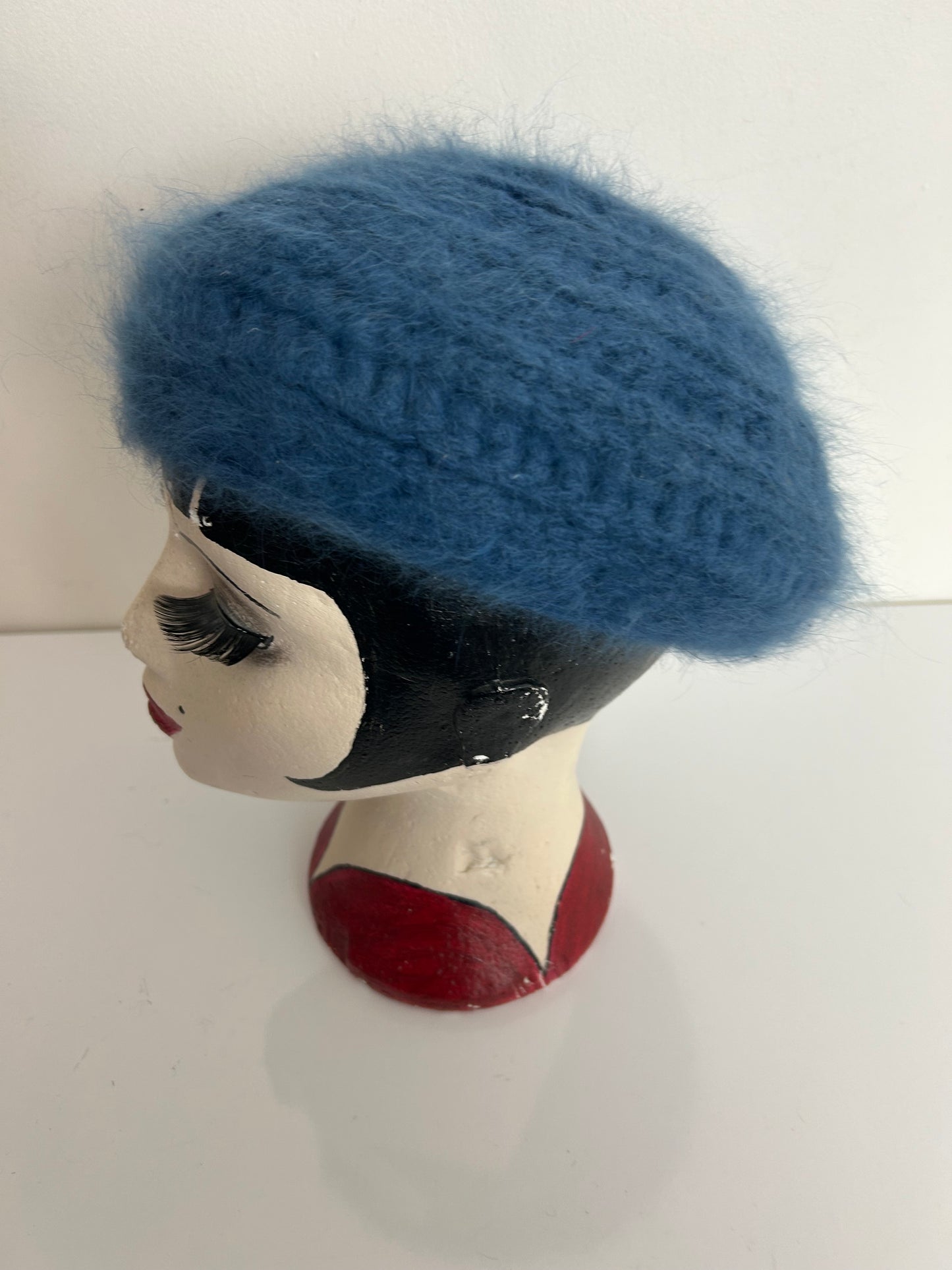 Vintage Dusky Blue Chunky Knit Wool & Angora Mix Beret Style Reversible Hat