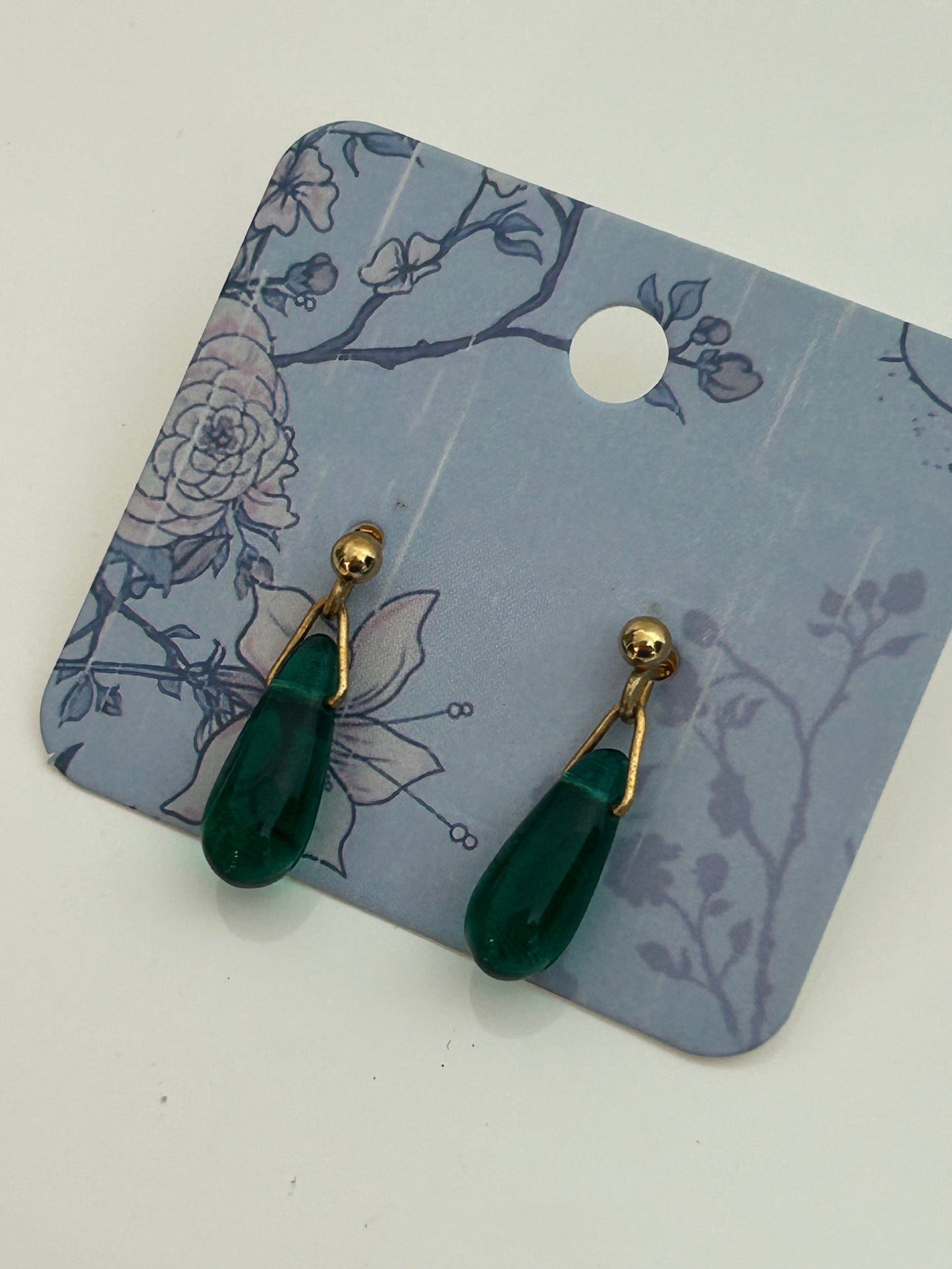 Vintage Gold Tone & Teal Green Glass Tear Drop Earrings
