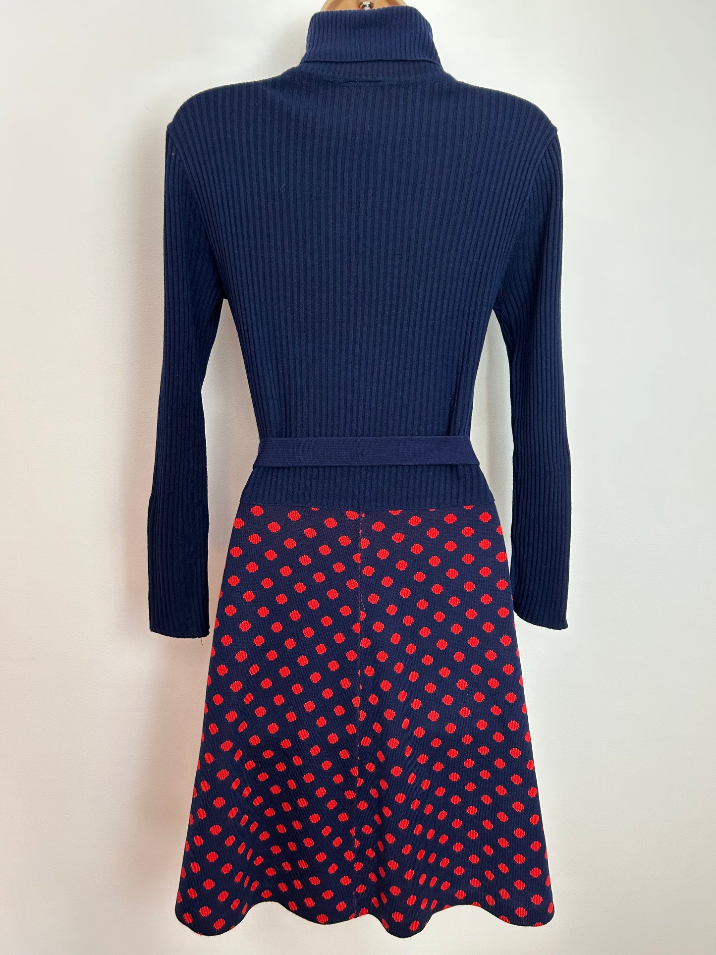 Vintage 1970s UK Size 10-12 Navy Blue & Red Ribbed Jersey Polka Dot Long Sleeve Belted Mod Dress