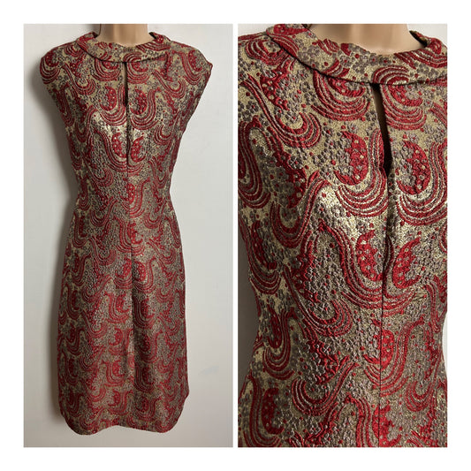Vintage 1960s UK Size 14 Red & Gold Brocade Sleeveless Mod Xmas Party Shift Dress