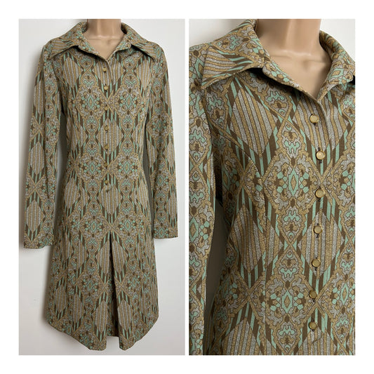 Vintage 1970s Size 12 Brown Mint Green Metallic Gold & Silver Lurex Abstract Stripe Print Long Sleeve Occasion Party Dress