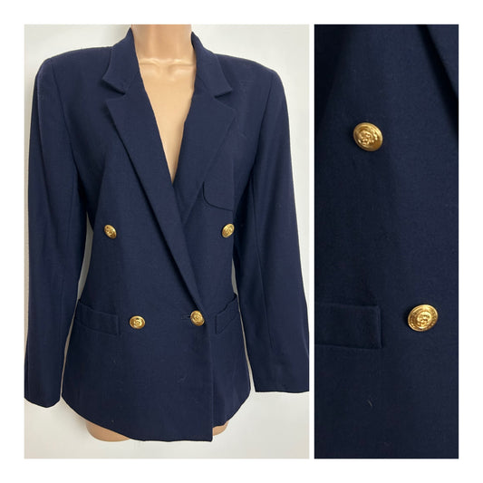 Vintage 1980s LIZ CLAIBORNE Size 10 Navy Blue Double Breasted 100% Wool Military Style Blazer