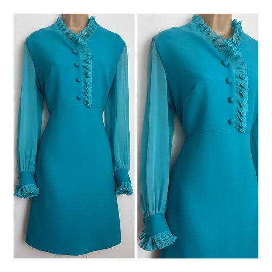 Vintage 1960s CORINNE Size 12 Turquoise Ruffle Trim Long Sleeve Occasion Mod Dress