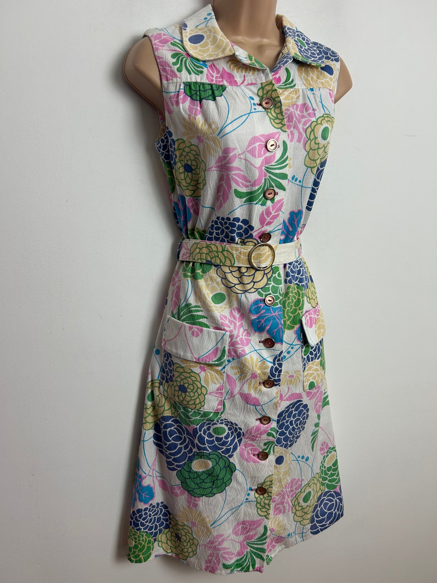Vintage Early 1970s ST MICHAEL Size 12 White Pink Blue & Beige Floral Print Cotton Belted Mod Day Dress