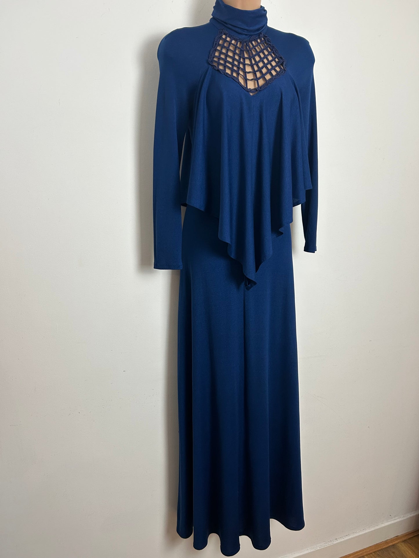 Vintage 1970s SHELANA Size 10 Navy Blue Lattice Neck Layered Long Sleeve Maxi Dress