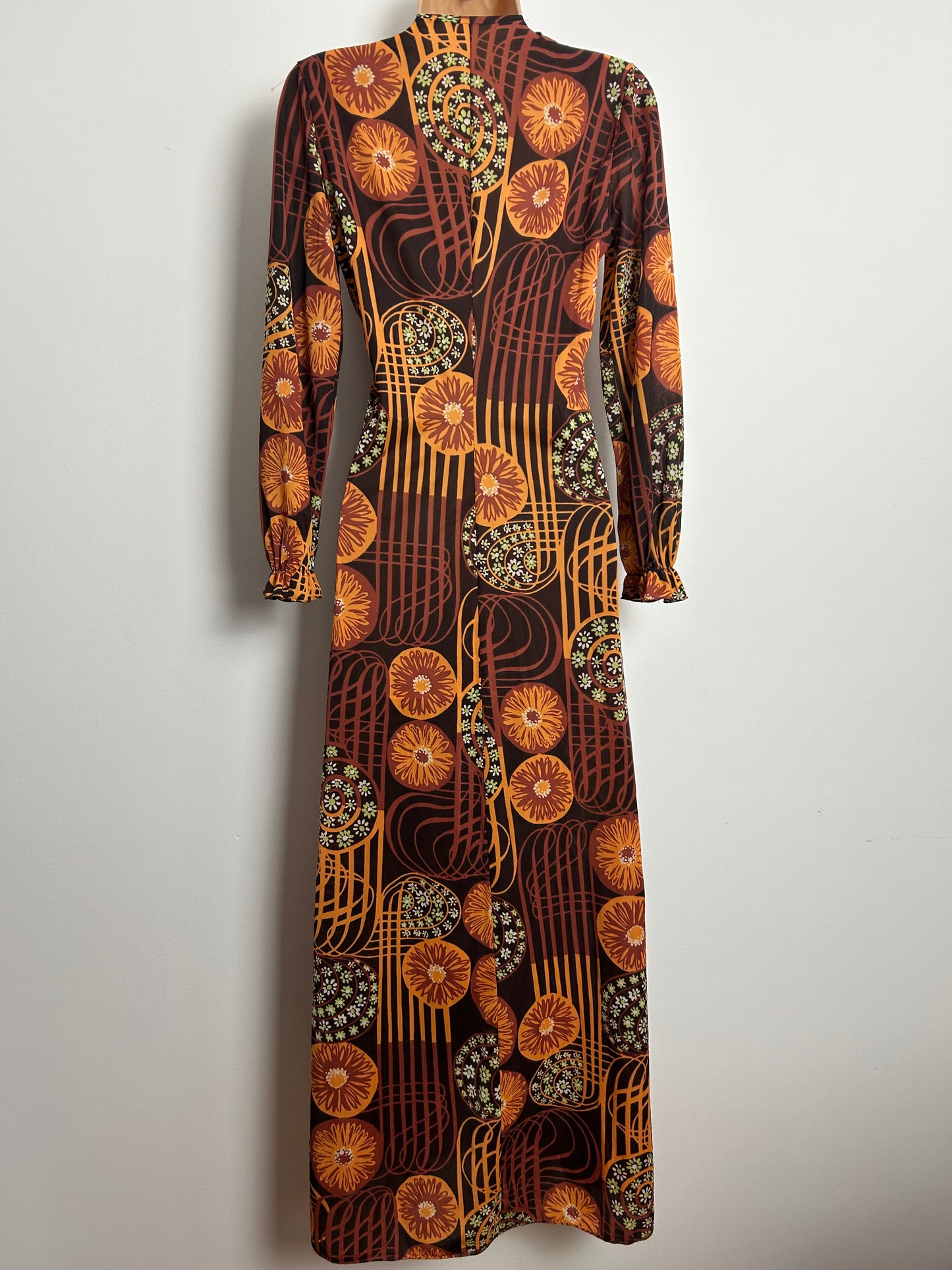Vintage 1970s Size 8 Brown Tones "Spirograph" Abstract Print Long Sleeve Empire Line Maxi Dress