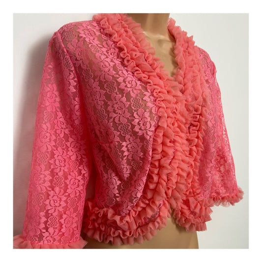 Vintage 1960s Size 12 Candy Pink Floral Lace Ruffle Trim Bed Jacket